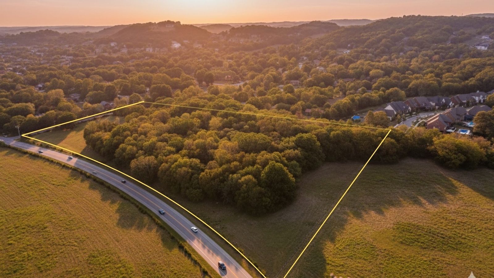 Sunset over ten park like acres of pasture and woods in Franklin, Williamson County
