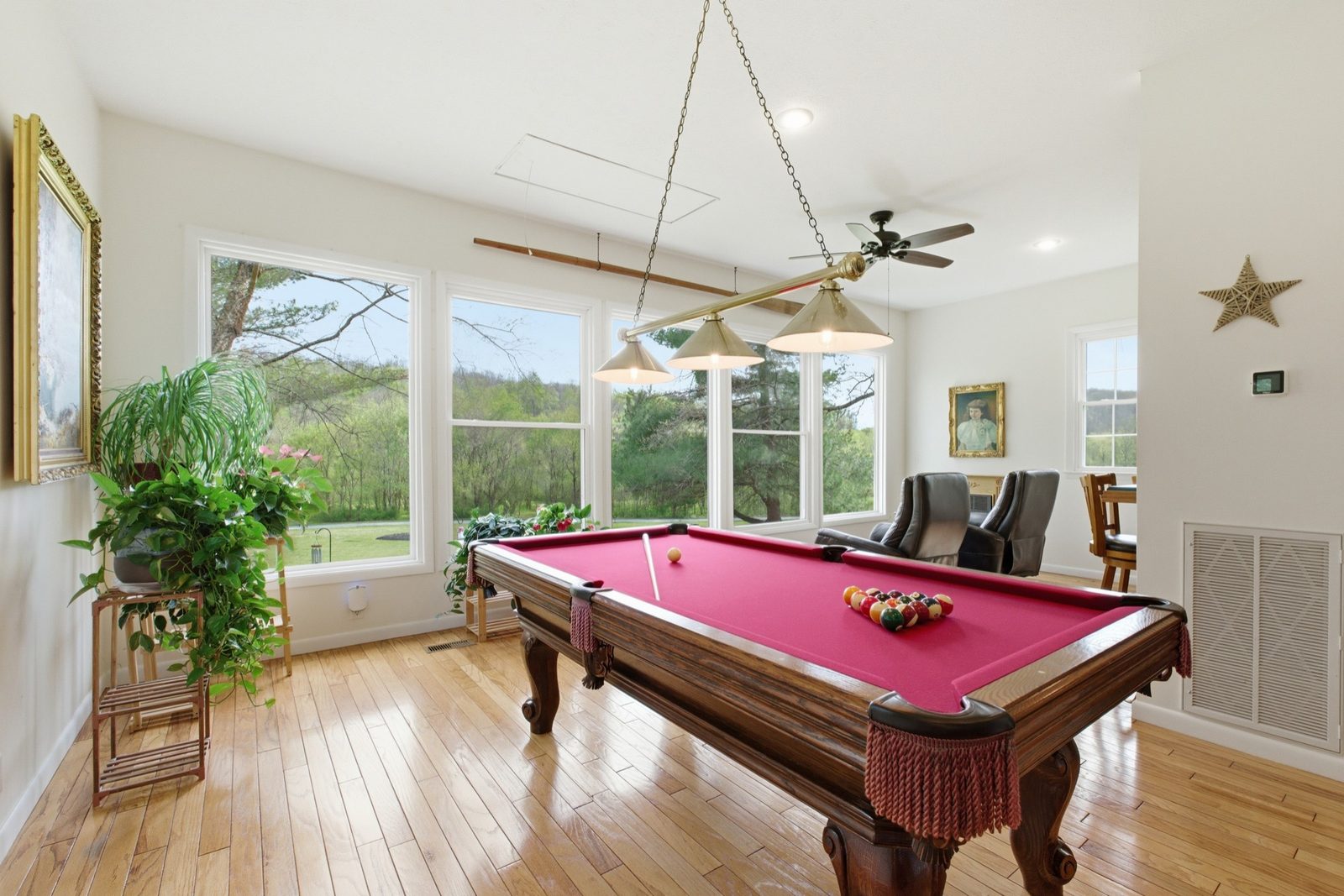 Billiards room in a sun filled sunroom overlooking the grounds