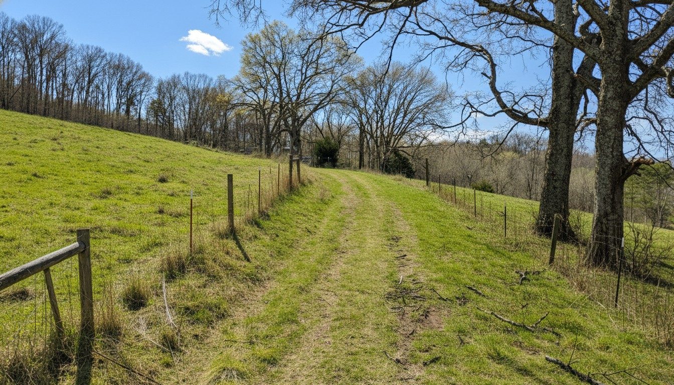 A grassy farm lane climbing through the pasture beneath mature trees