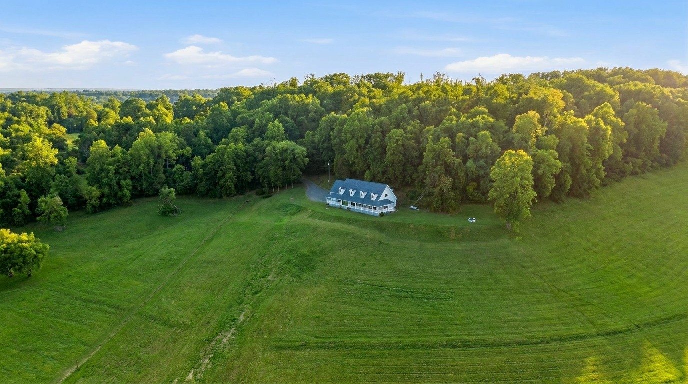 Aerial view of Keg Springs Farm at golden hour across 40 rolling acres