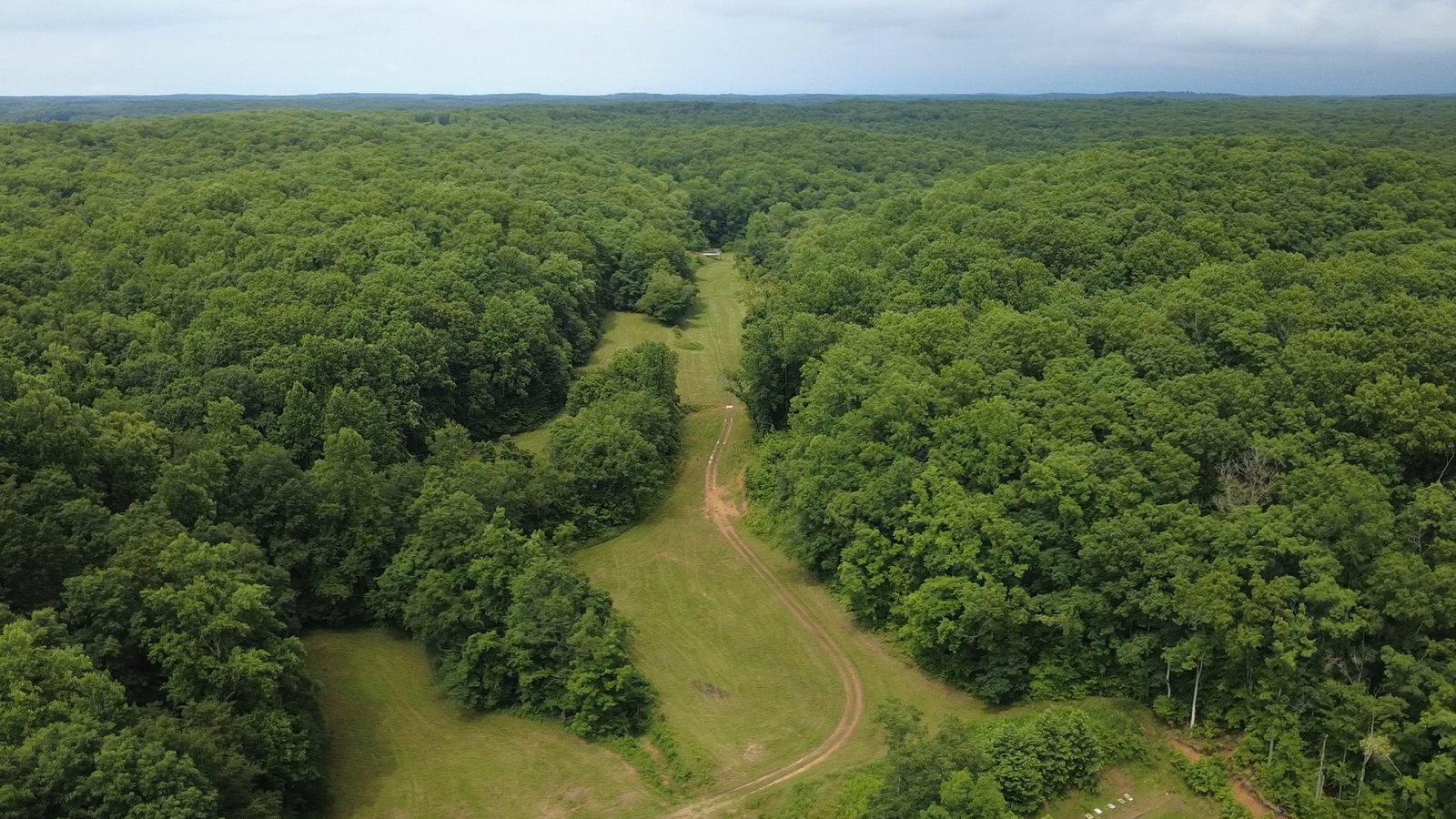 Aerial view of the cleared valley and mowed lanes winding through the 240 acre property