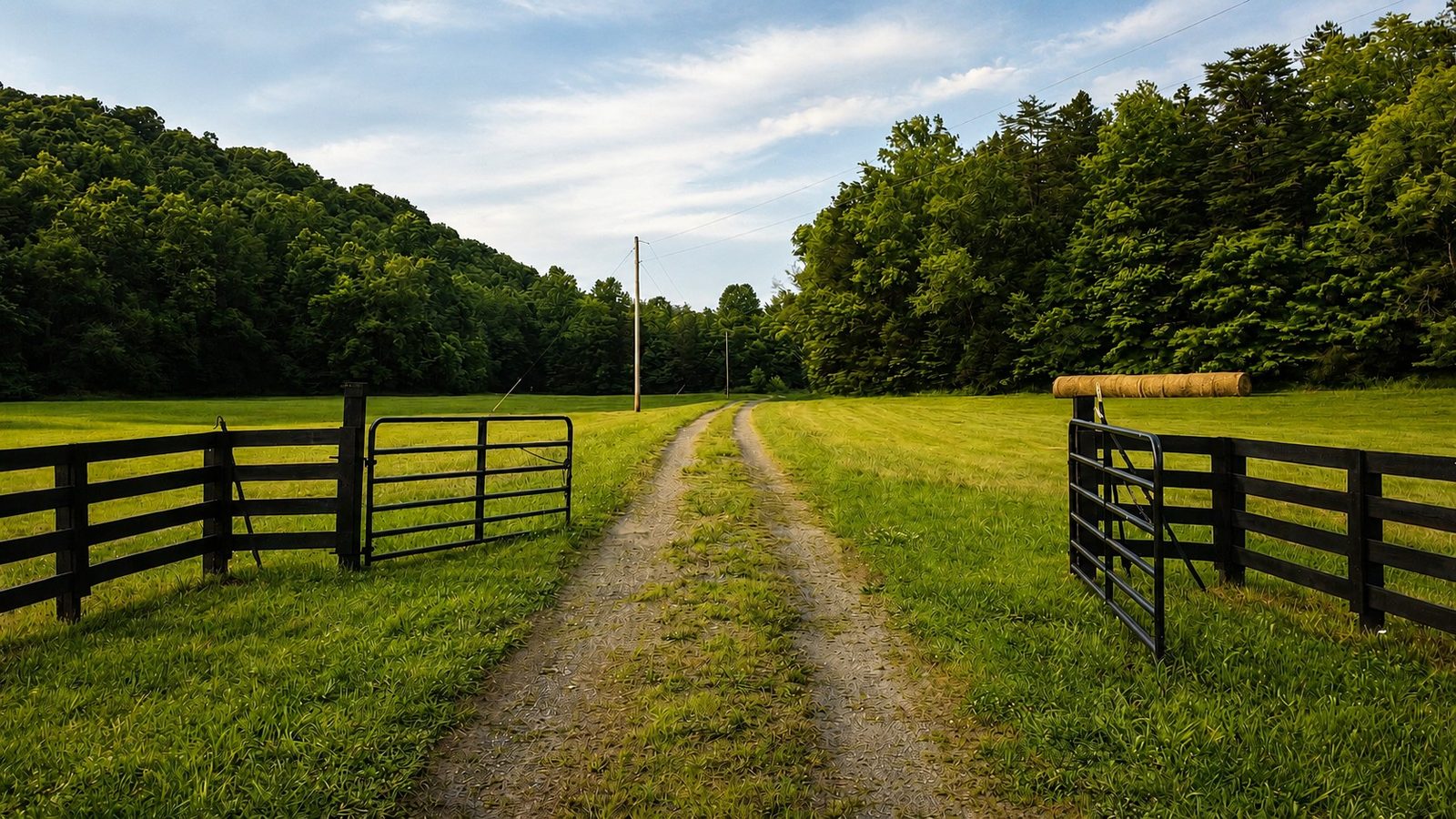 The gated entrance and drive leading up the pasture hollow